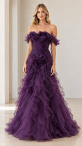 Front full view of woman wearing deep purple off-the-shoulder tiered ruffle evening gown