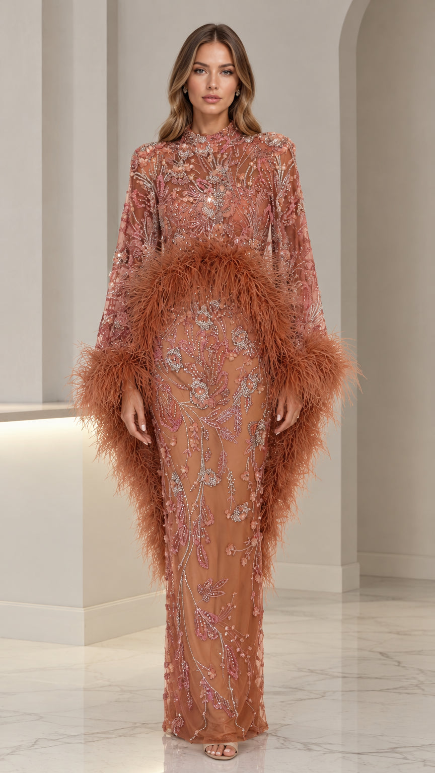 Front view of woman wearing terracotta high-neck sequin evening gown with feather trim