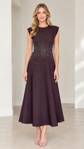 Front view of model wearing plum cap sleeve rhinestone embellished A-line midi dress
