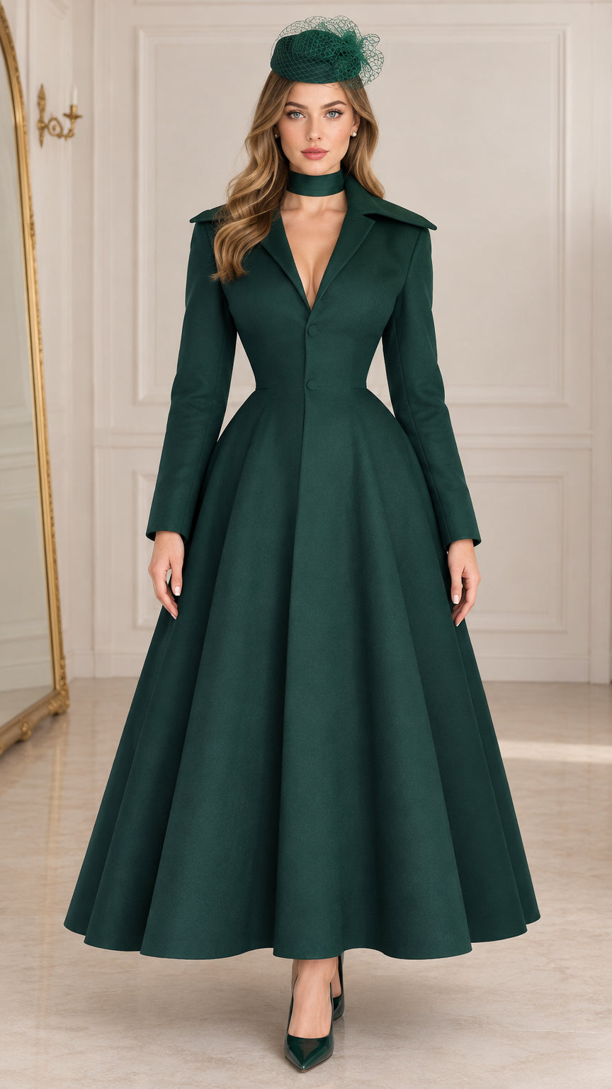 Front view of model wearing Forest Green vintage maxi coat dress with lapel collar