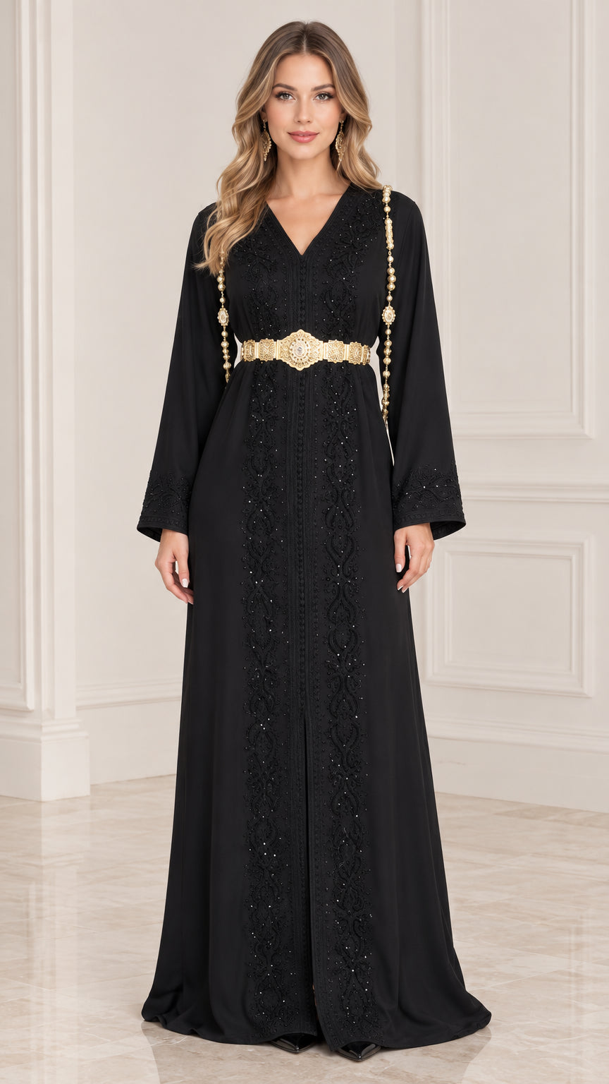 Front view of black embroidered V-neck kaftan maxi dress with gold chain belt