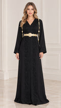 Front view of black embroidered V-neck kaftan maxi dress with gold chain belt