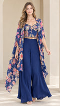 Front full-length view of royal blue 3-piece floral cape top and palazzo pants set