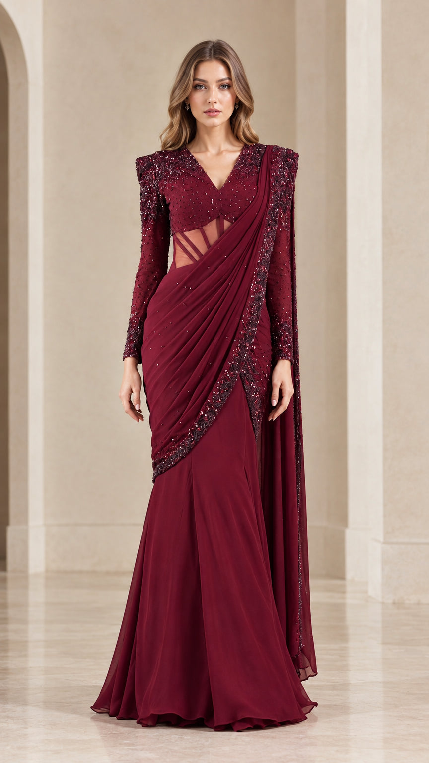 Full front view of model wearing burgundy embellished draped saree evening gown with sheer corset waist