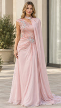 Front view of Blush Pink embellished cutout mock neck cape evening gown