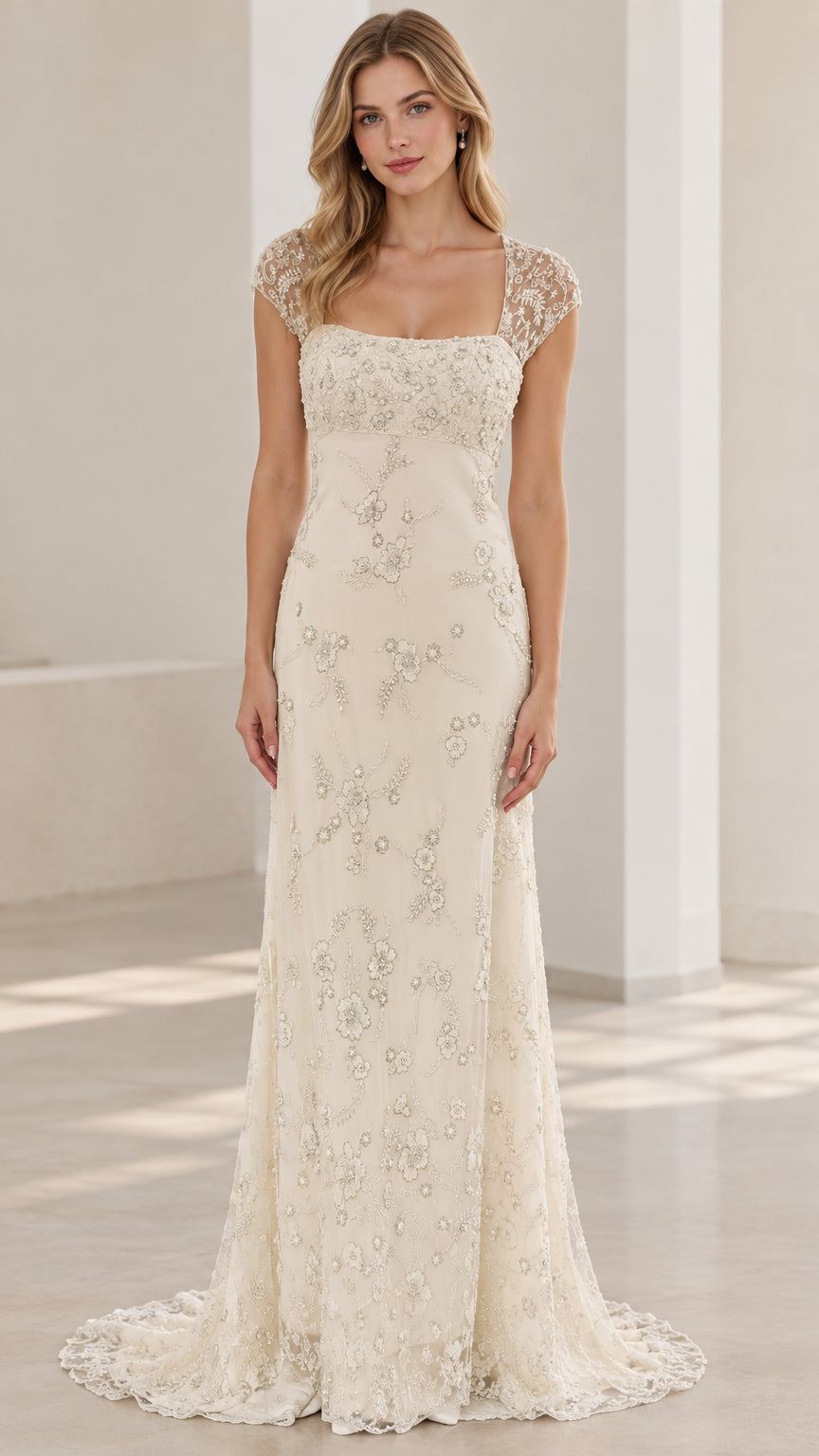 Ivory beaded cap sleeve maxi evening gown with square neckline front view