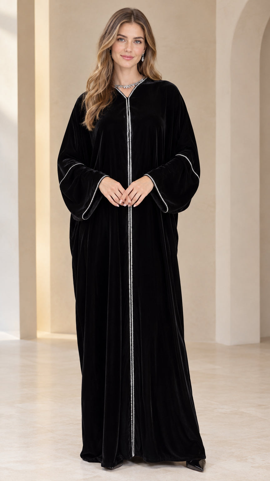 Front full view of black velvet abaya dress with crystal trim