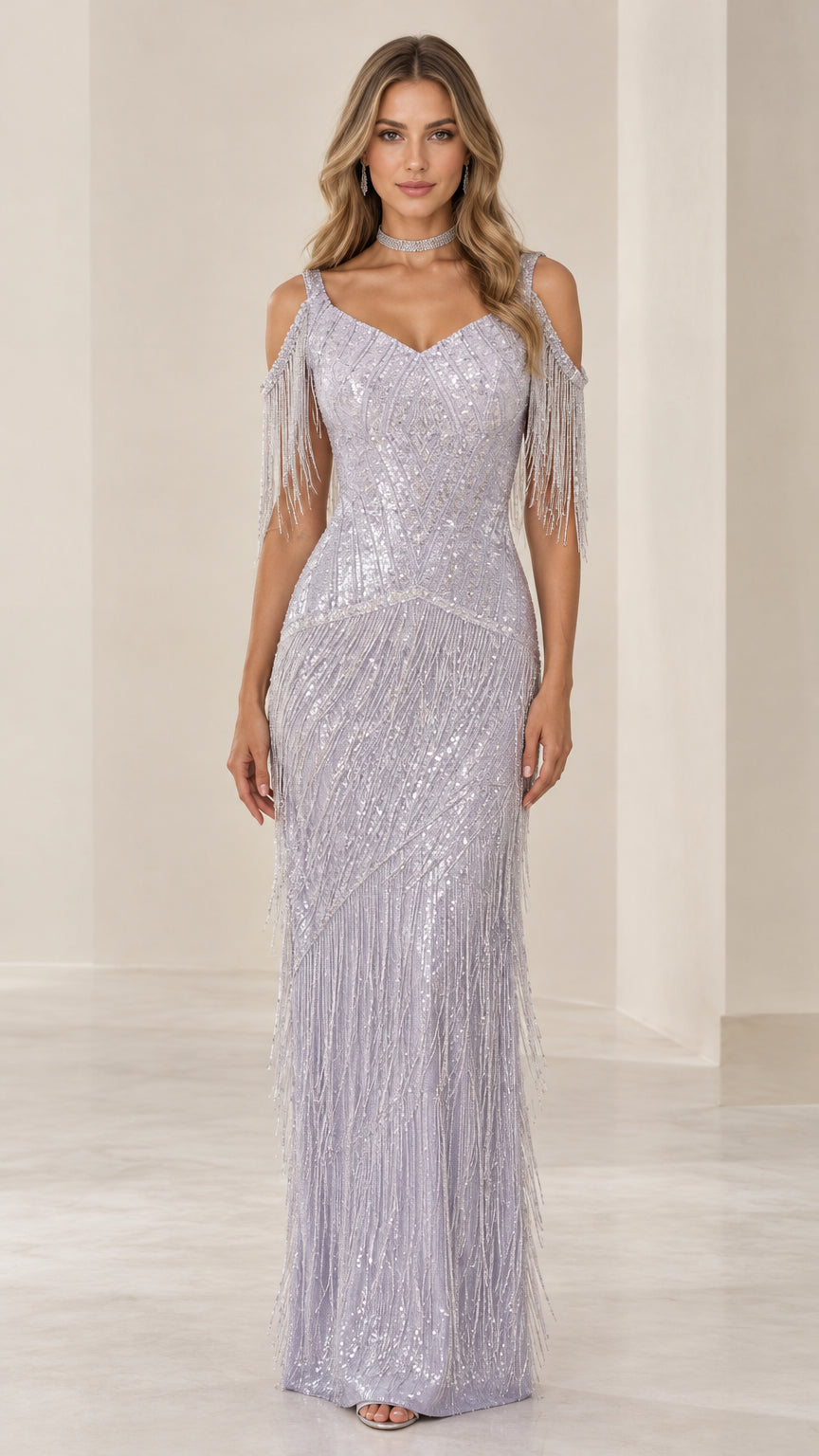 Front full view of woman wearing Lilac cold shoulder sequin fringe maxi evening gown