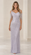 Front full view of woman wearing Lilac cold shoulder sequin fringe maxi evening gown