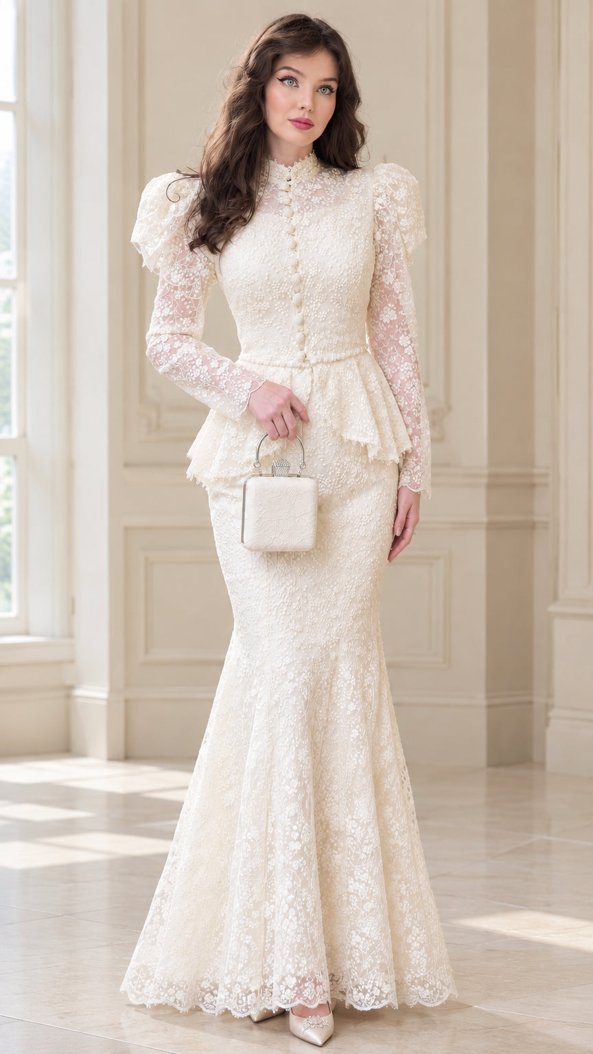Full front view of model wearing Cream high neck floral lace peplum mermaid gown