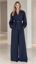 Front view of model wearing Navy Blue pinstripe belted blazer and wide leg pants set