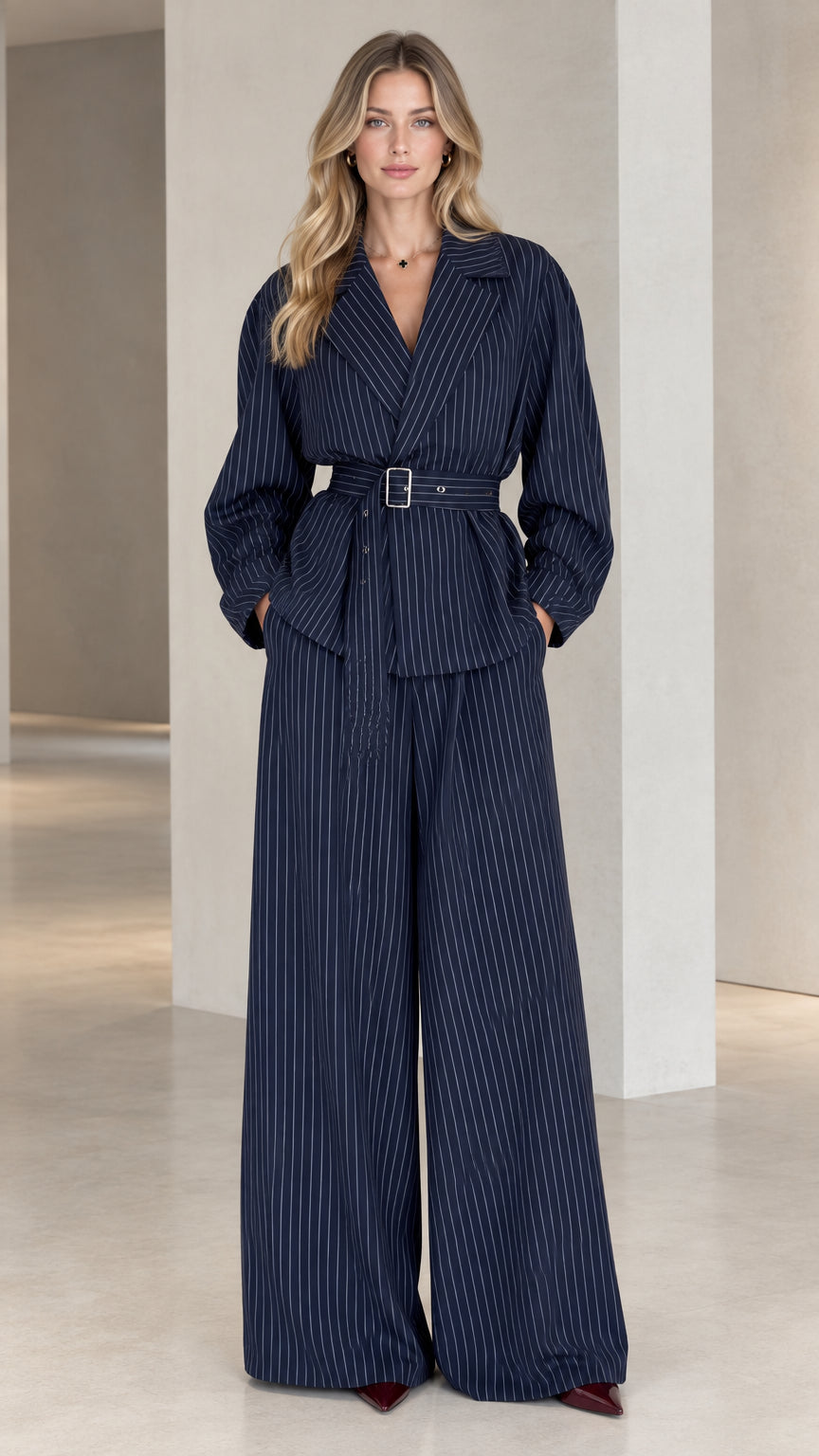 Front view of model wearing Navy Blue pinstripe belted blazer and wide leg pants set