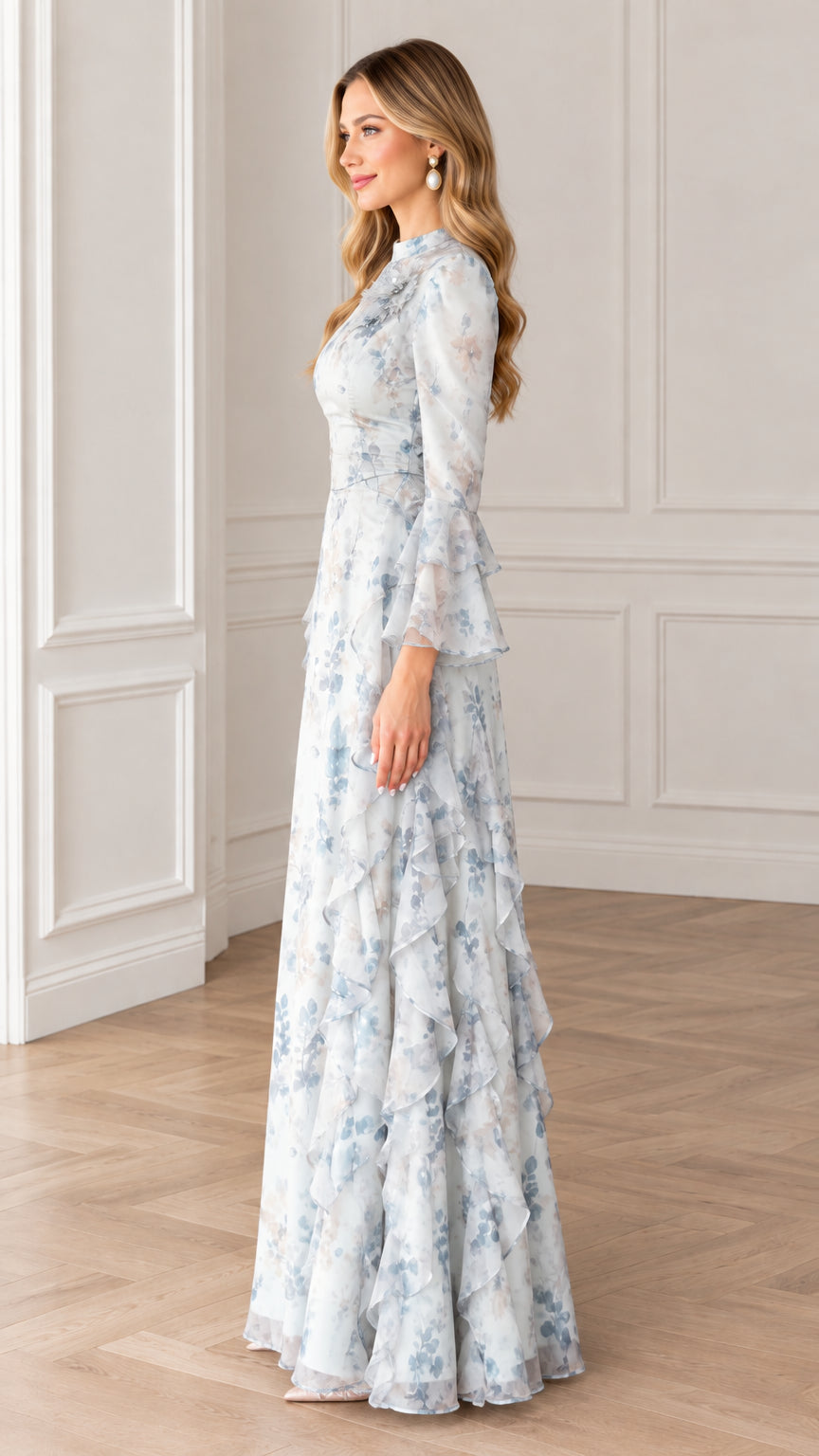 Side profile view of woman wearing Light Blue floral chiffon long-sleeve evening gown