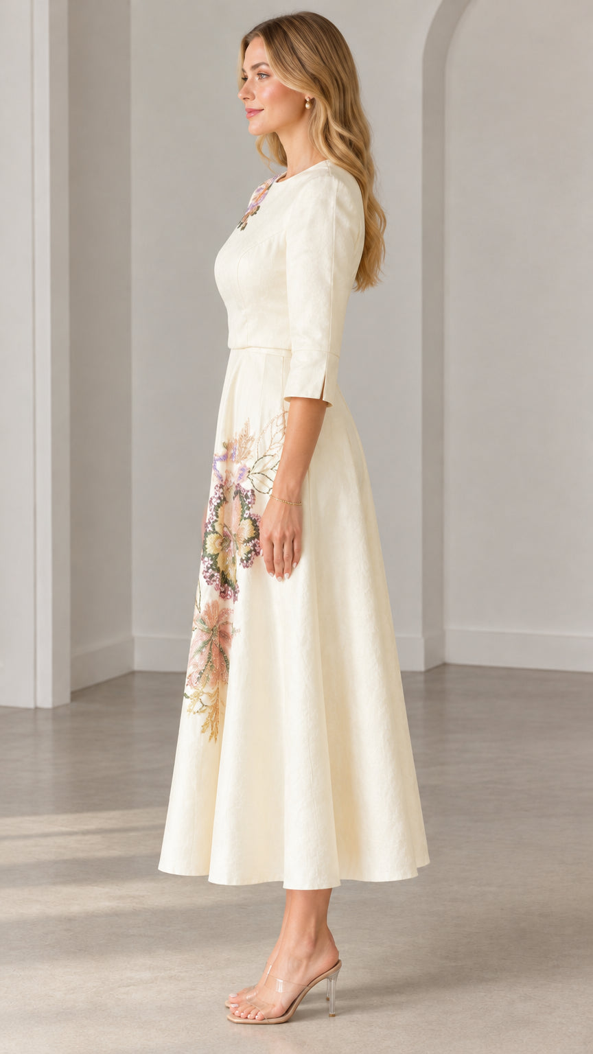 Side profile view of Cream floral embroidered A-line midi dress