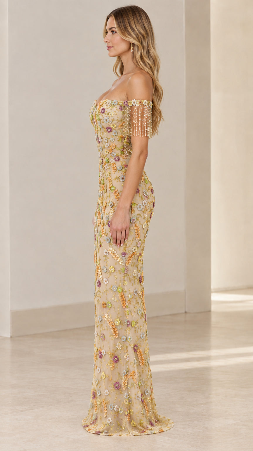 Champagne floral sequin embroidered evening gown side view