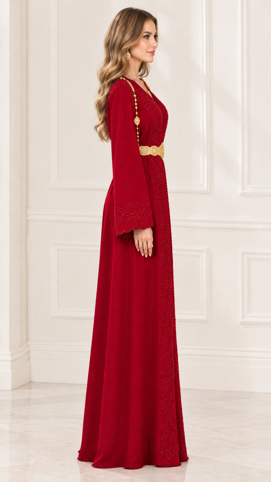 Side profile view of Wine Red long sleeve kaftan dress