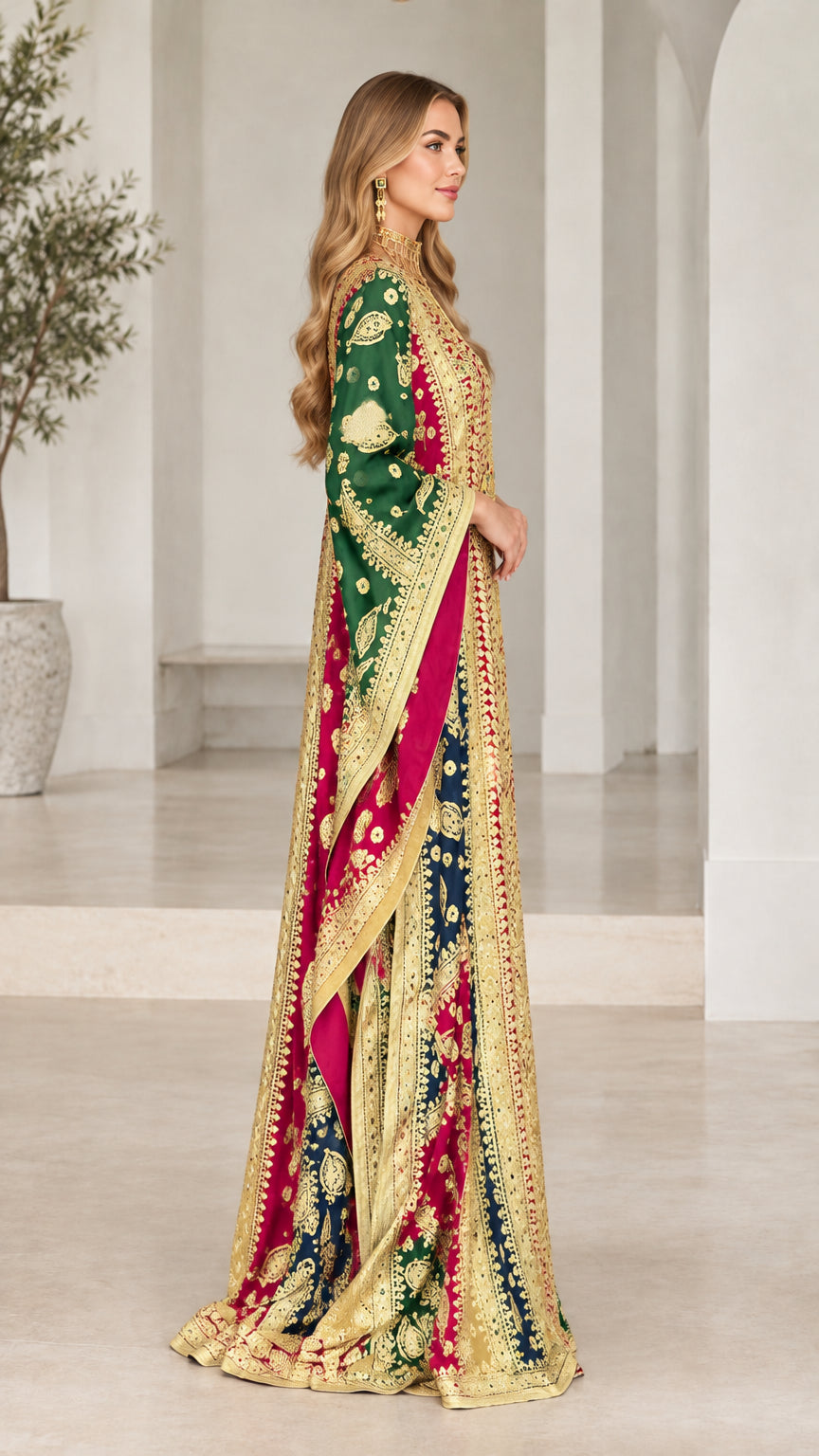 Emerald green embroidered kaftan side profile showing sleeve drape