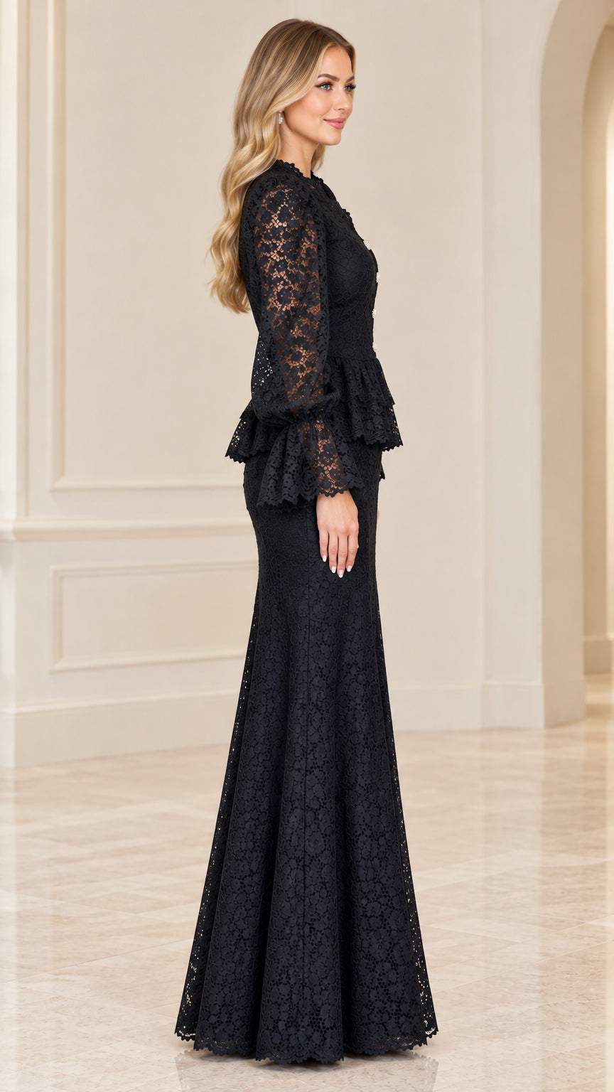Side profile view of black long-sleeve floral lace maxi dress with ruffled waist