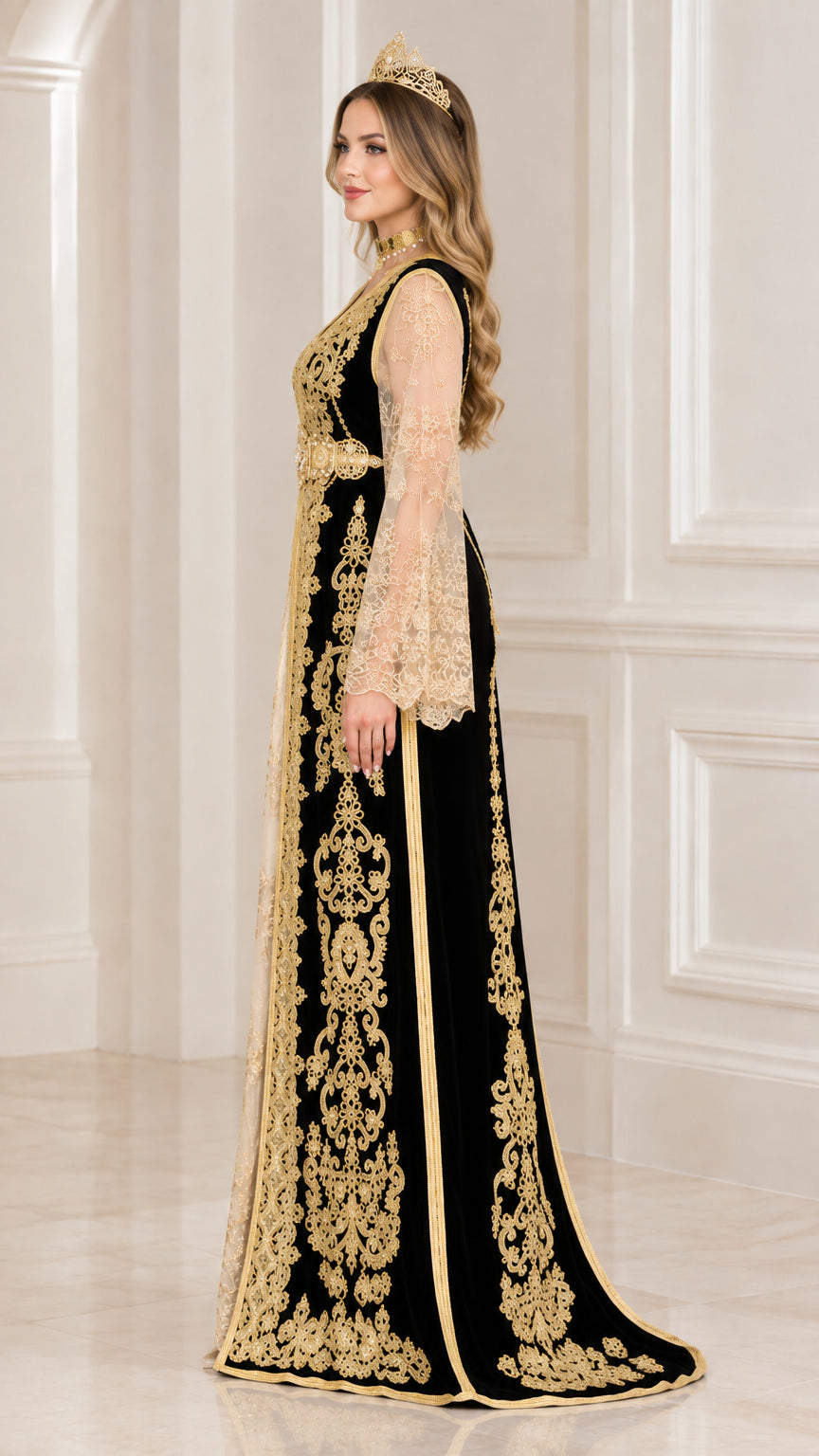 Side profile view of black embroidered velvet evening gown