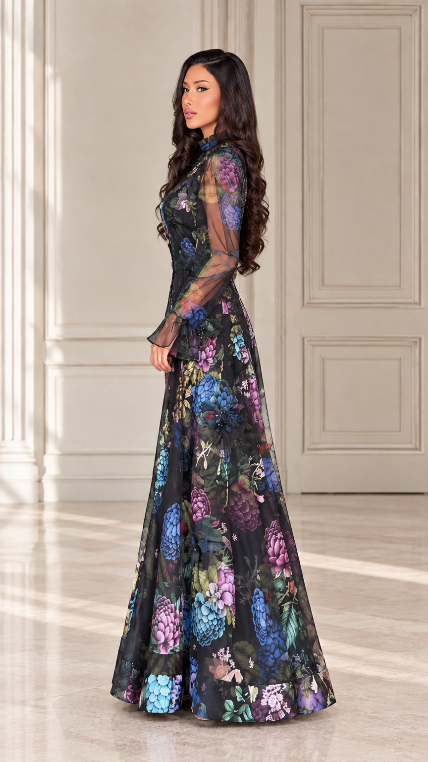 Side profile of woman wearing black botanical print maxi gown