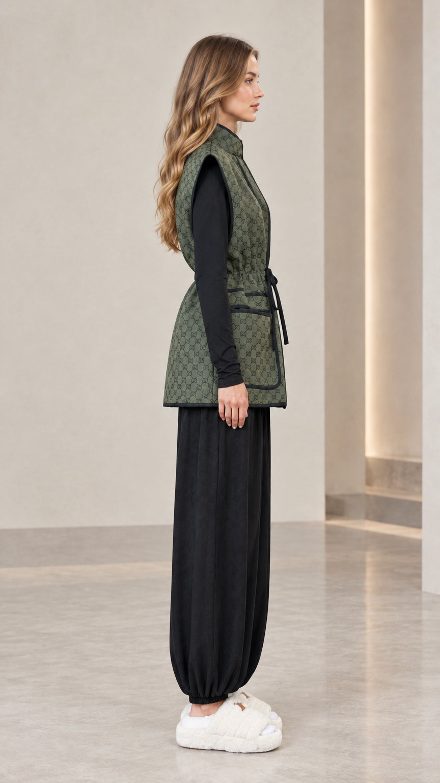 Side profile view of woman wearing olive green monogram sleeveless vest