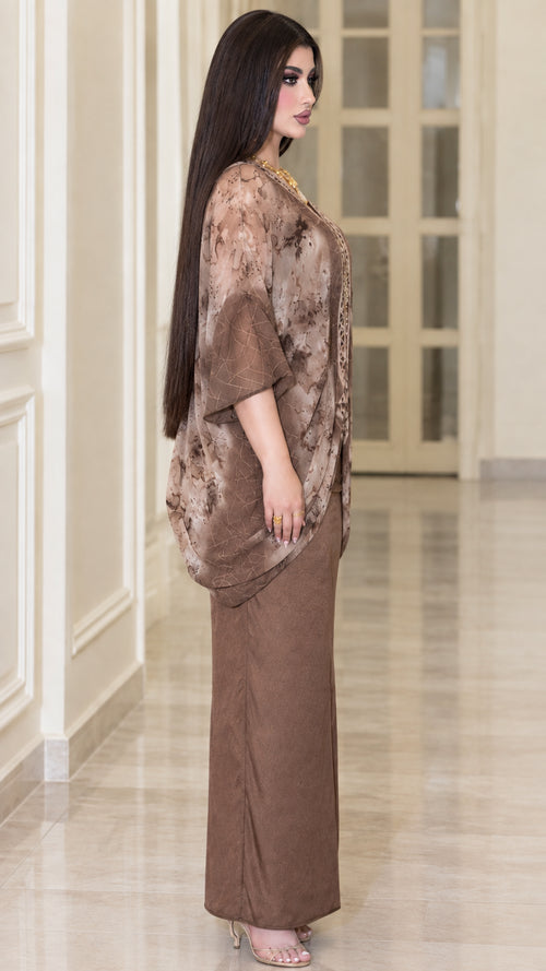 Side view of mocha brown 2-piece chiffon kaftan dress set showing drape and fit