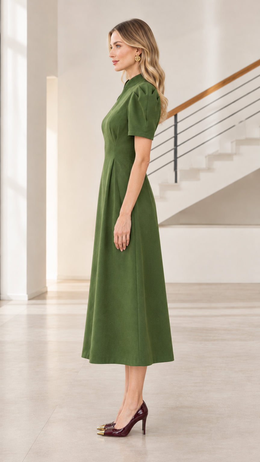 Side profile of model wearing olive green puff sleeve pleated waist midi dress