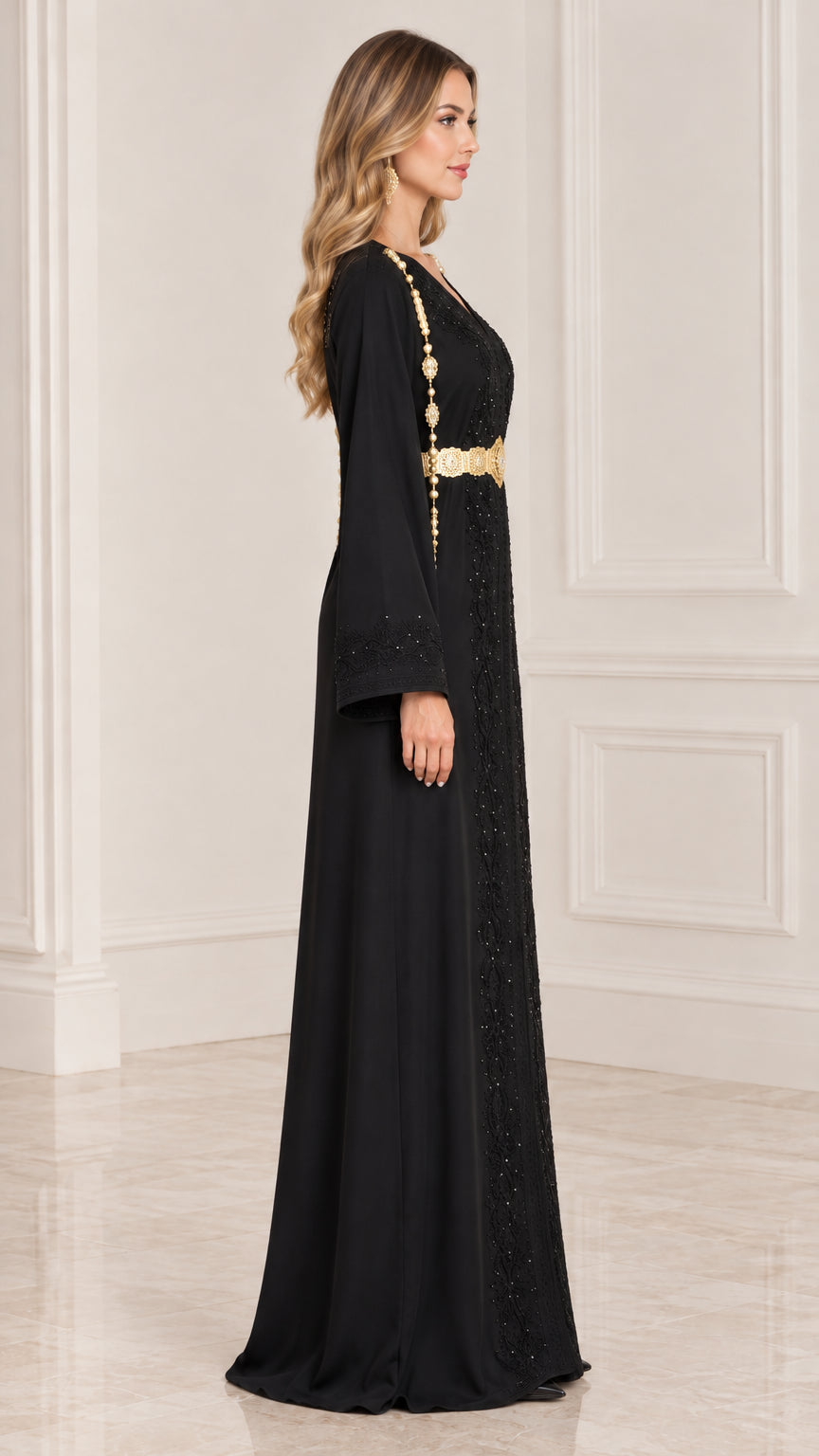 Side profile of black modest kaftan gown with long sleeves