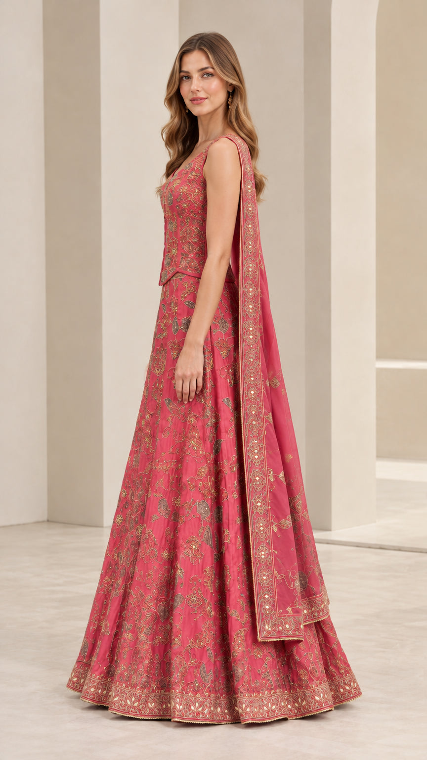 Side full-length view of woman in rose pink 3-piece embroidered lehenga set with dupatta