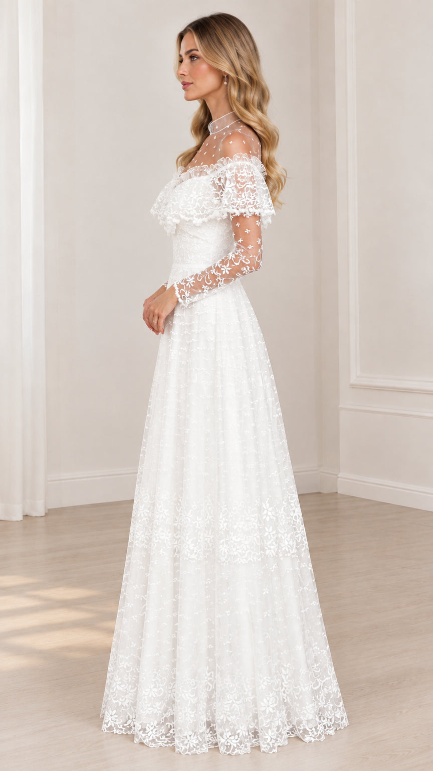 Side profile view of white lace maxi gown with long sleeves