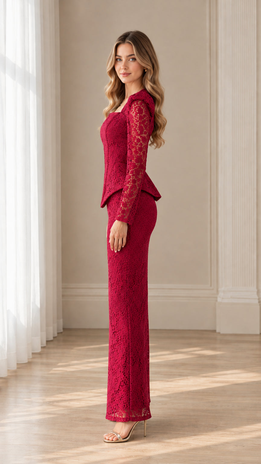 Side profile of model in burgundy long sleeve lace peplum top and matching column skirt