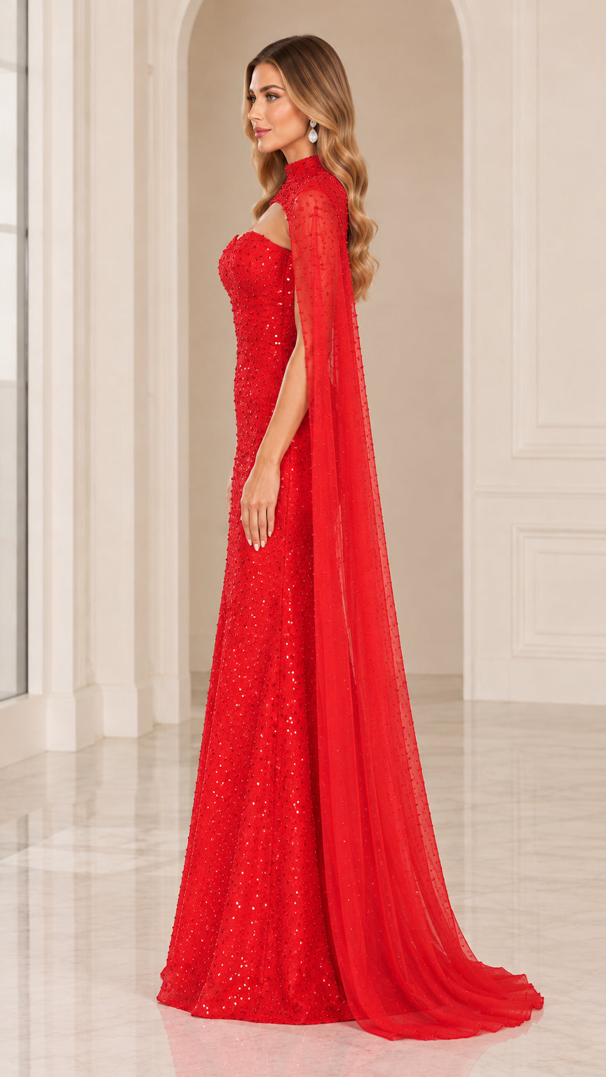 Side profile view of woman modeling red sequined formal gown with flowing sheer cape