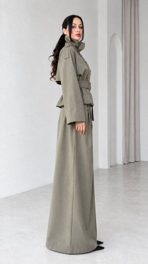 Side profile view of Sage Green wide-leg pant and belted trench suit set