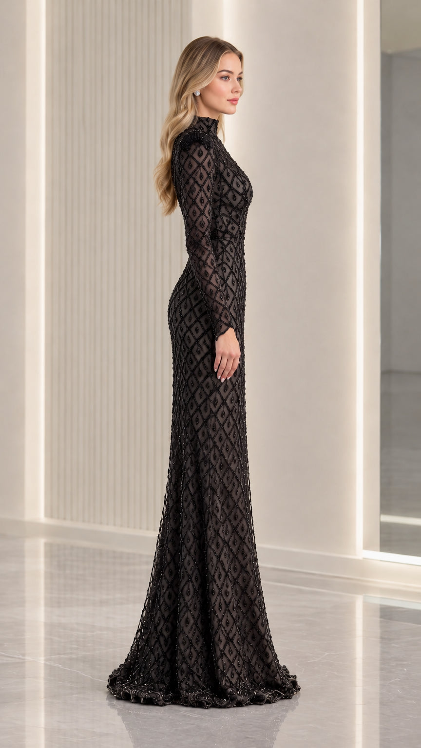 Side profile view of black beaded mermaid formal dress
