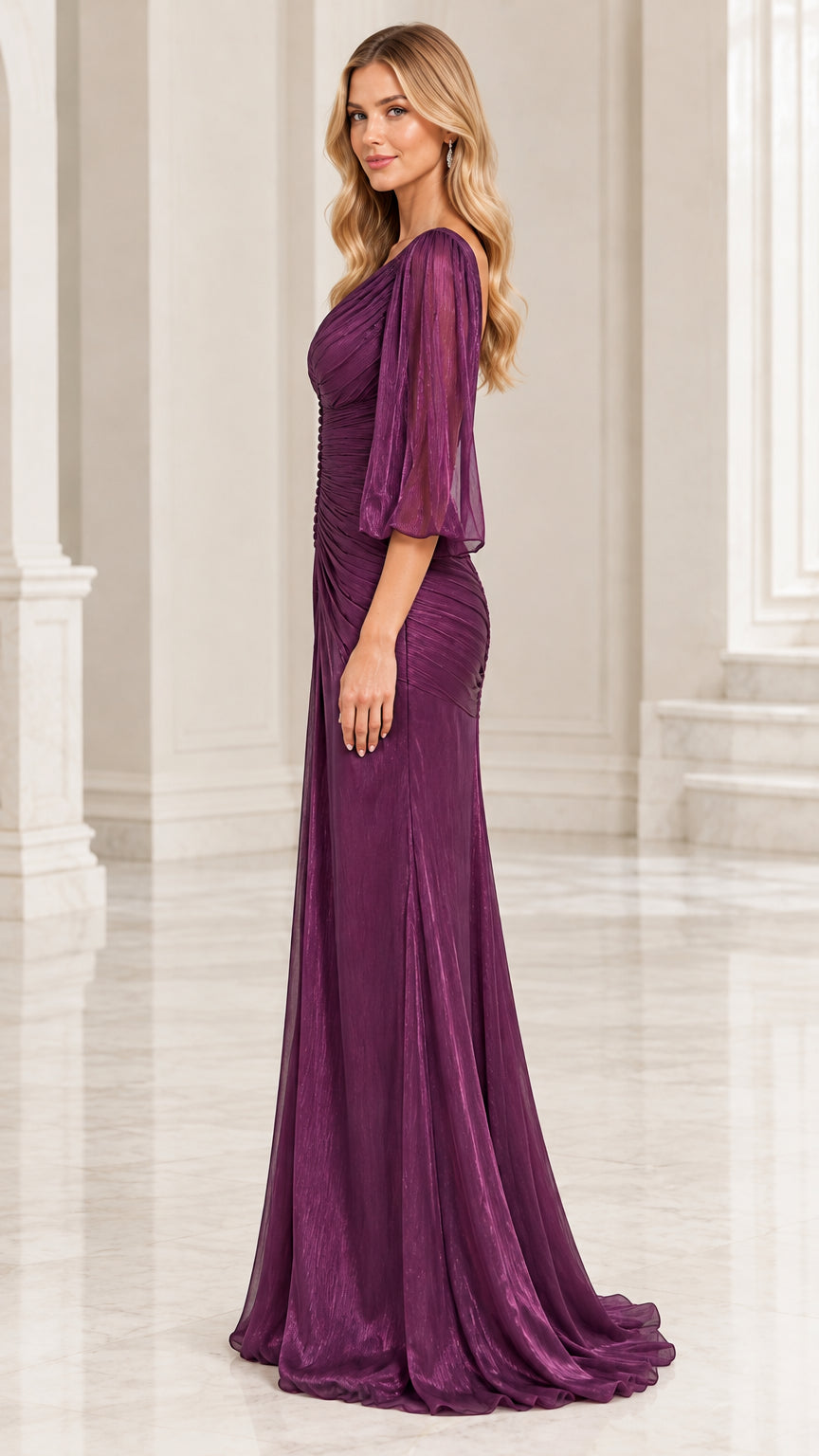 Side profile view of woman modeling Plum Purple floor-length formal gown