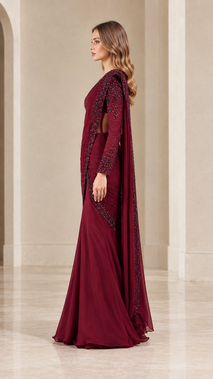 Side profile view of burgundy beaded evening gown showing cape drape and floor-length silhouette