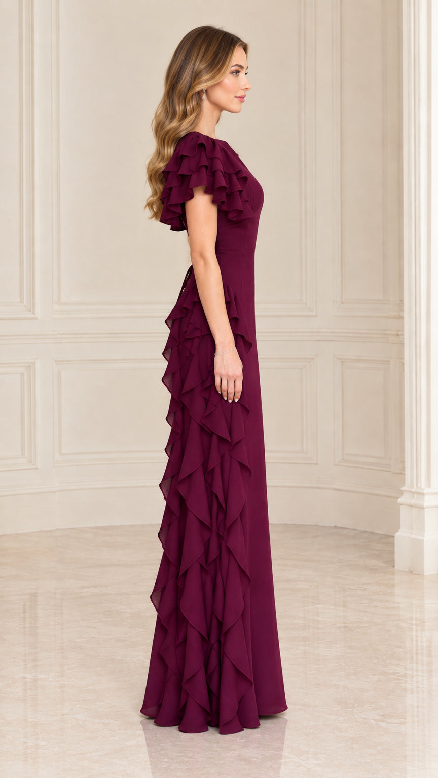 Side profile view of Plum flutter sleeve ruffle evening maxi dress