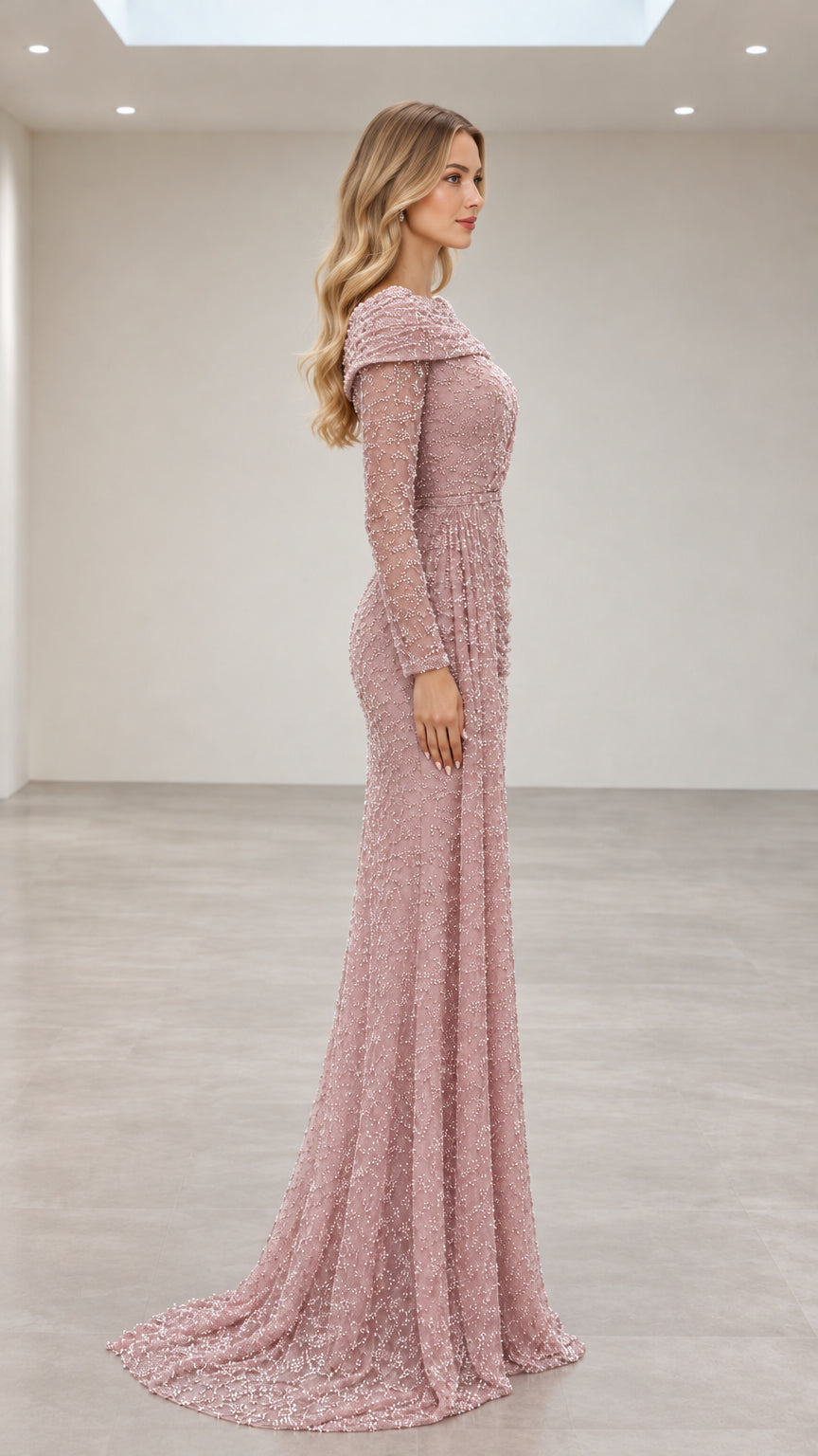 Dusty Rose formal embellished maxi gown - side profile view