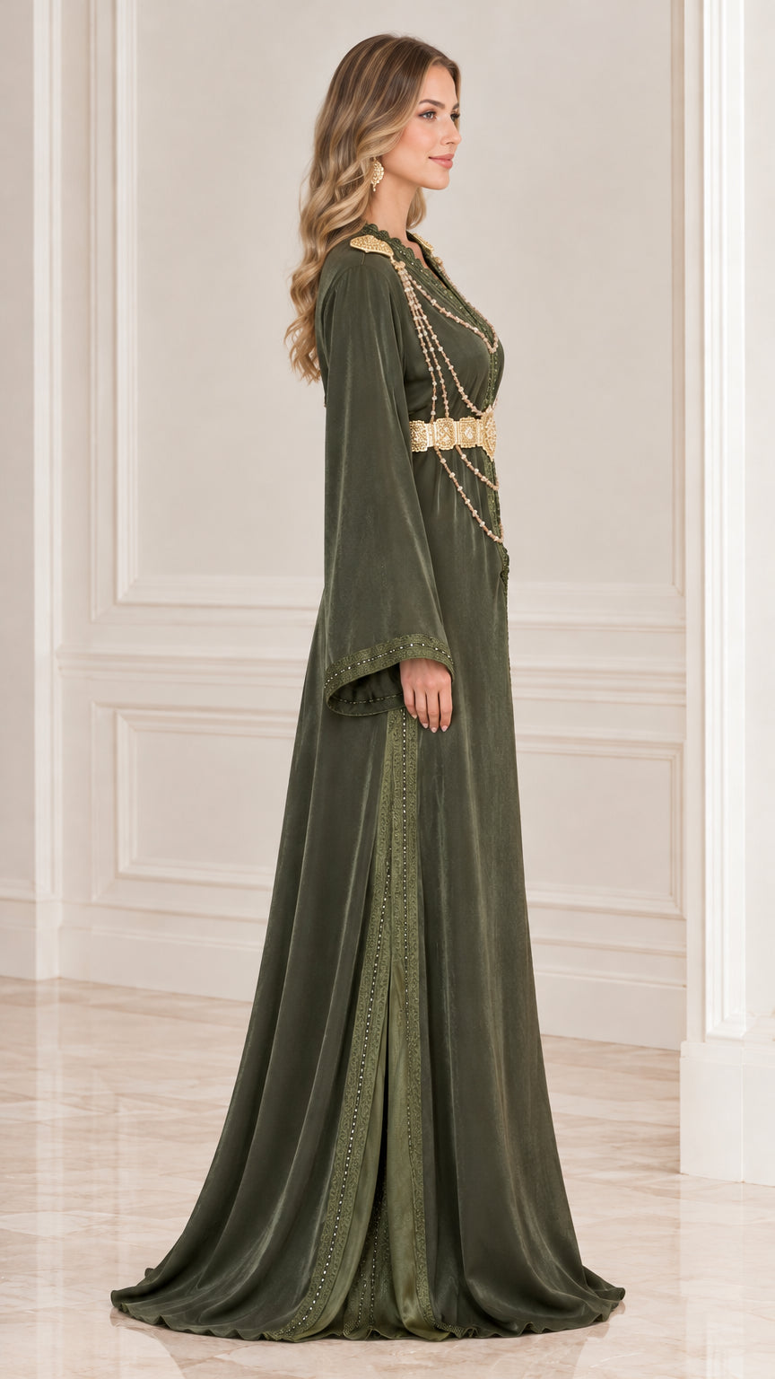 Side profile of Olive Green embroidered evening kaftan dress showing elegant silhouette