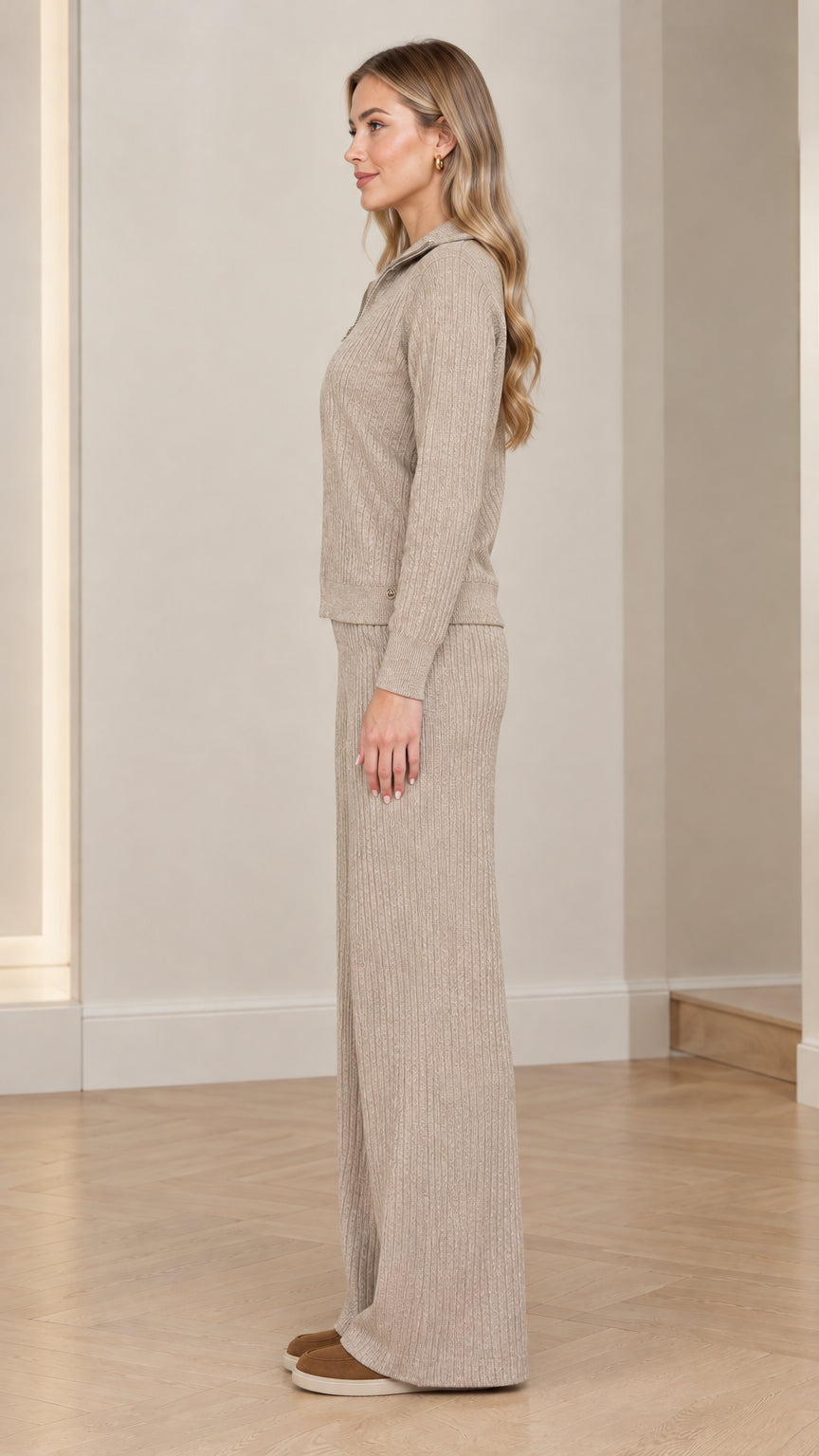 Side profile view of woman wearing Oatmeal Beige ribbed knit two-piece lounge set