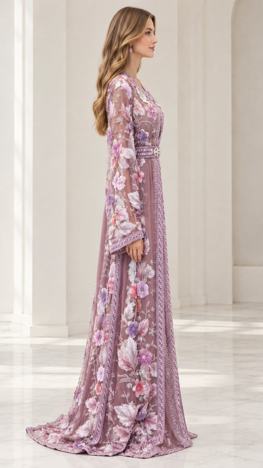 Side profile view of dusty mauve floral caftan maxi gown showing flowing silhouette