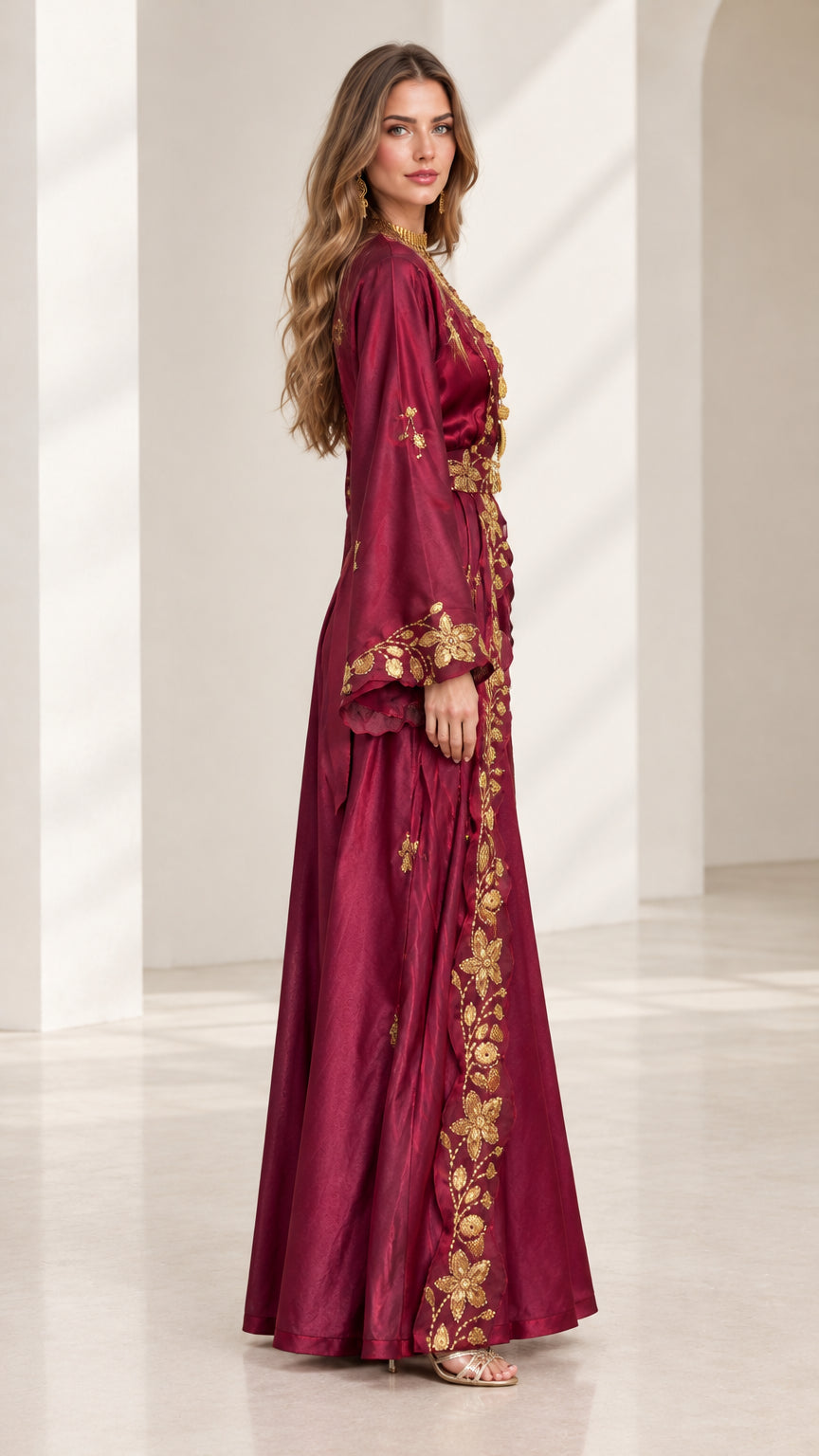 Side angle of burgundy embroidered satin gown showing silhouette