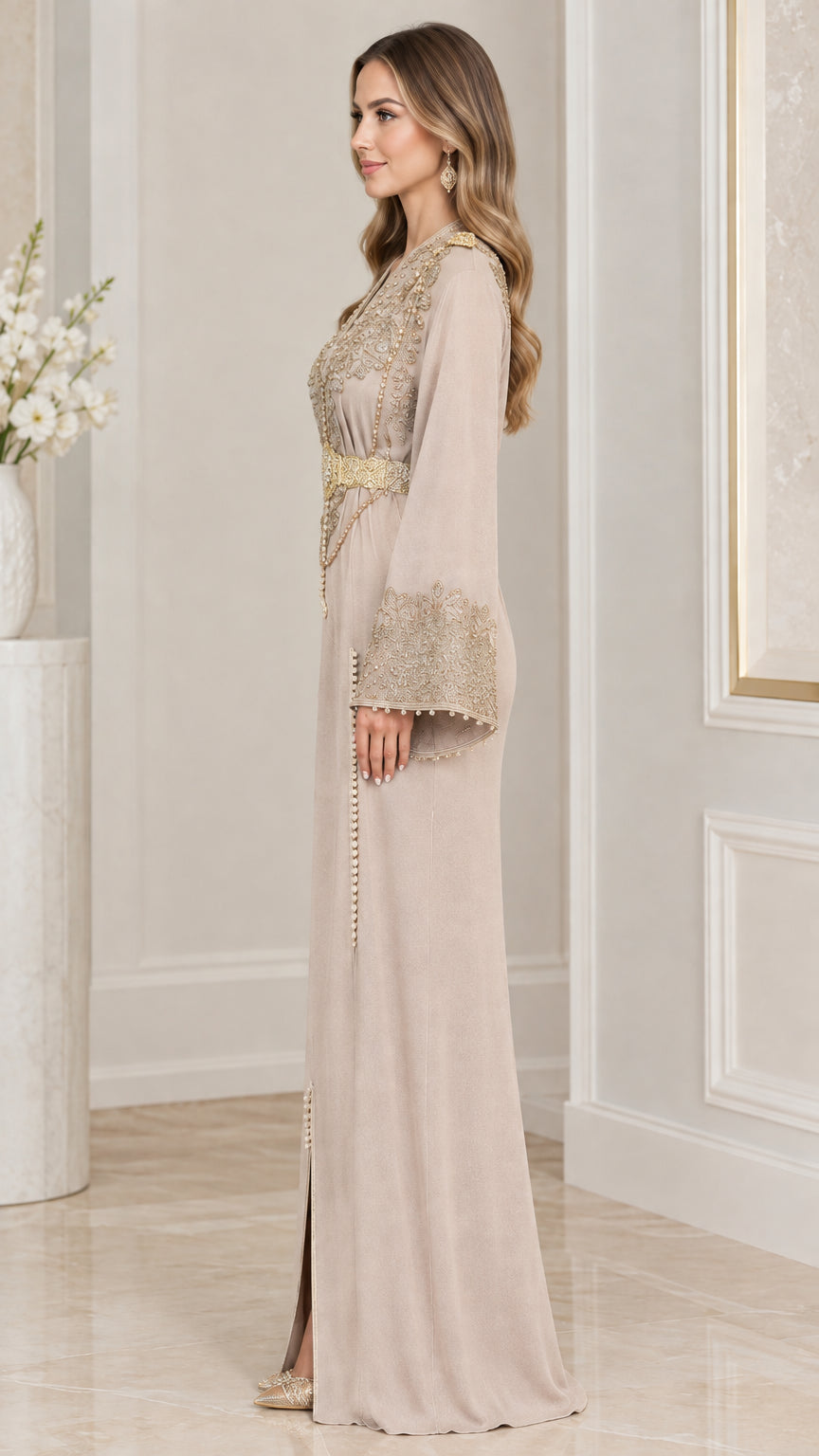 Side profile of beige long sleeve embellished kaftan dress