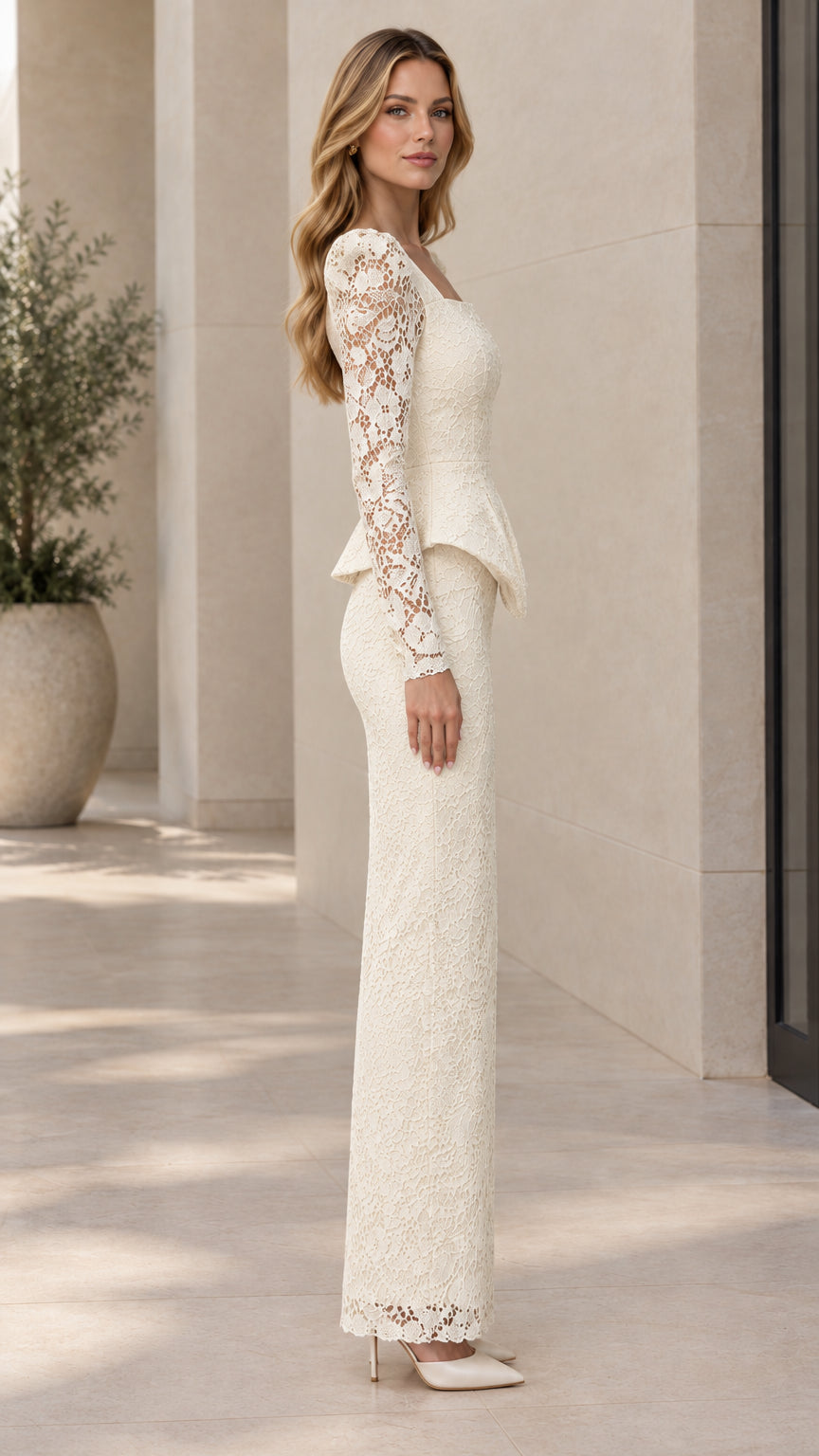 Side profile view of ivory long sleeve lace column maxi gown