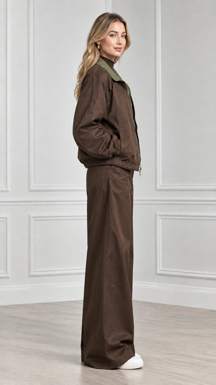 Side profile view of model in brown casual two-piece pants set