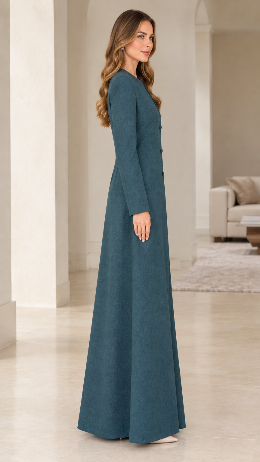 Side profile view of women's teal full-length formal duster coat and dress