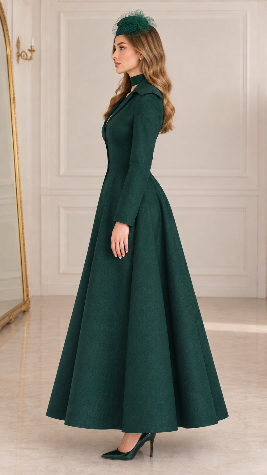 Side profile view of model wearing Forest Green long sleeve maxi coat dress