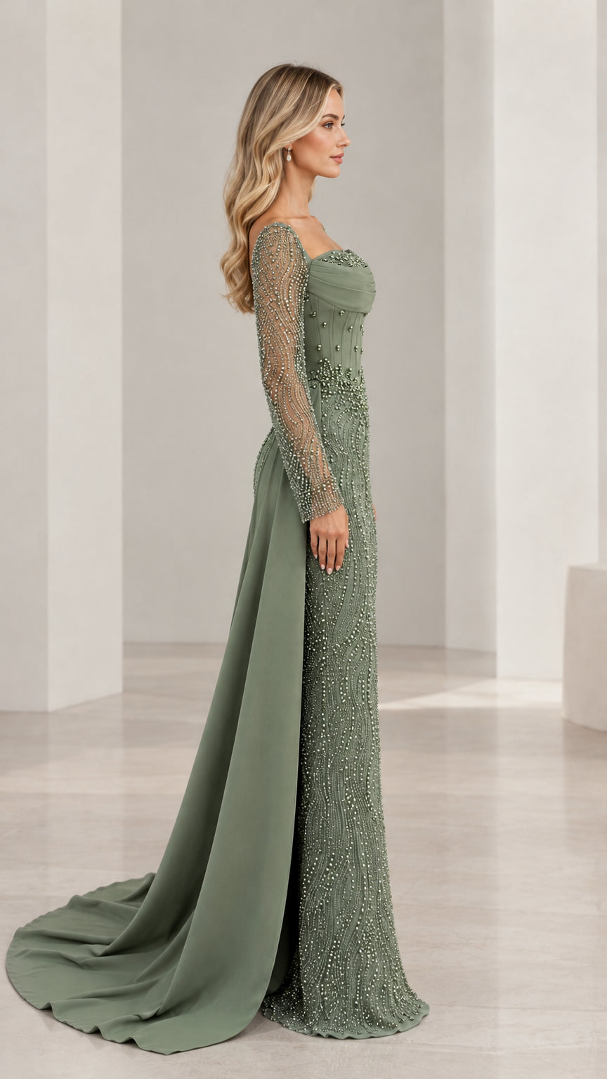 Side view of sage green beaded column gown showing fitted silhouette and train