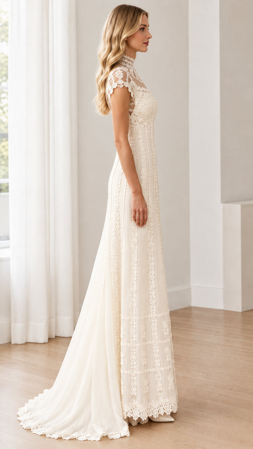 Side profile of Ivory lace floor-length gown showing sweeping skirt