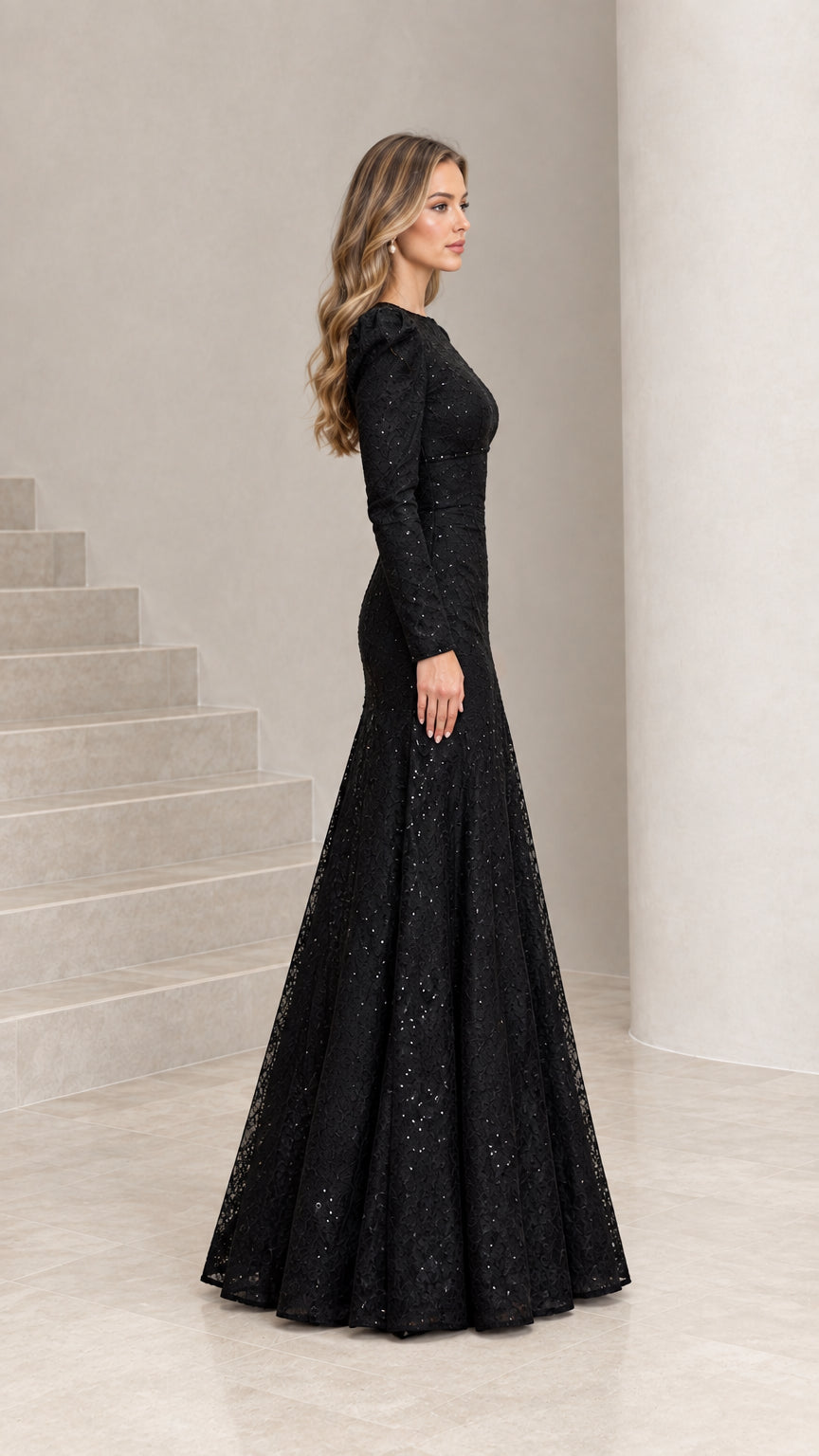 Side profile of black long sleeve sequin lace evening dress showing trumpet silhouette